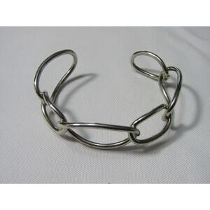 Silver Tone Open Chain Link Cuff Bangle Wrist Bracelet 7"‎ Boho Minimal Neutral